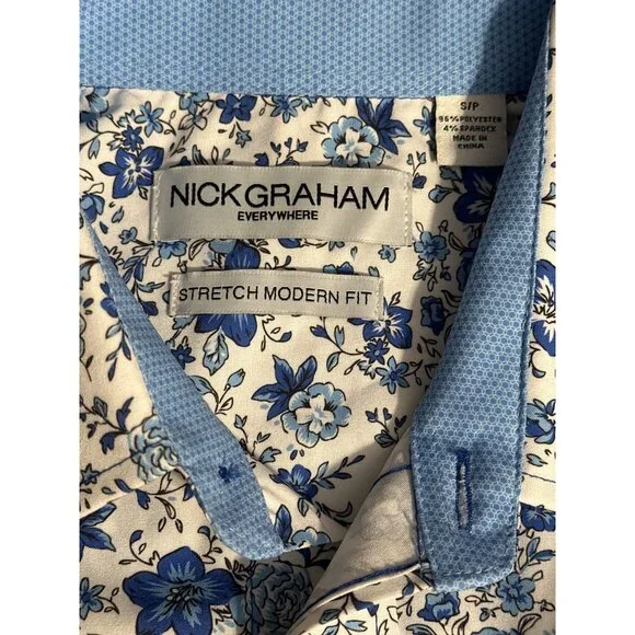 Nick Graham Mens Stretch Modern Fit Short Sleeve Floral Shirt White/Blue S - Picture 6 of 6